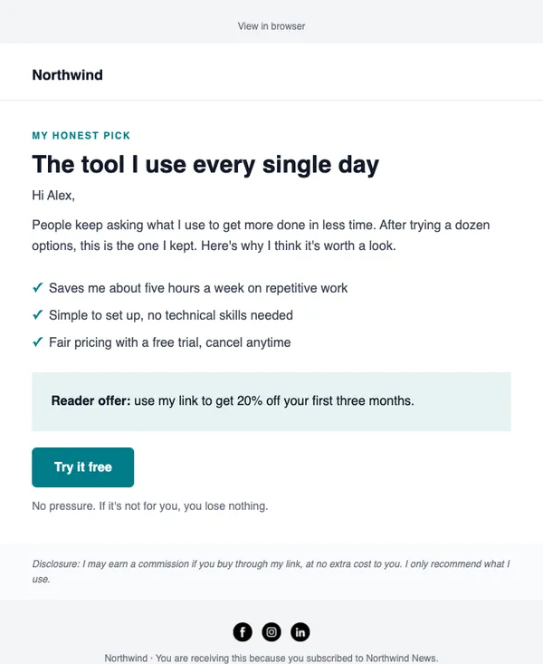 Personal recommendation email template