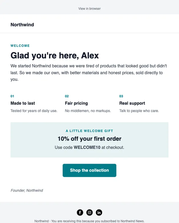 Welcome and brand story email template