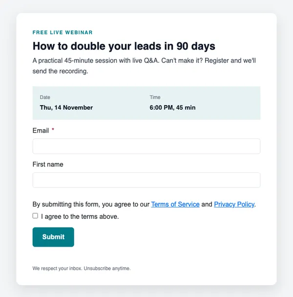 Webinar registration form template