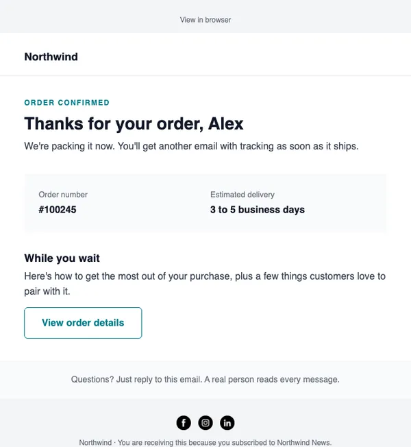 Thank you for your order email template